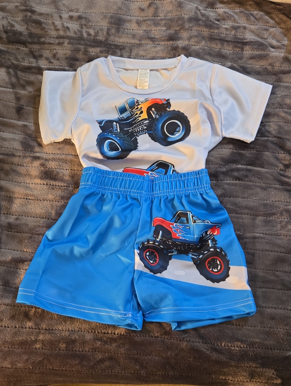 Blue Monster Truck Kids Matching Set - Short Sleeve Top & Shorts - Picture 1 of 6